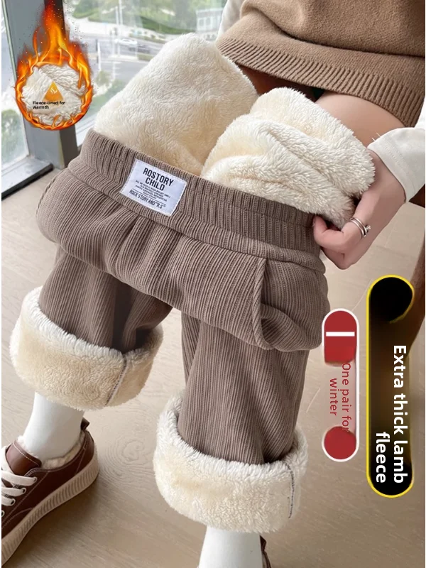 

Thiened Lamb Velvet Straight Leg Pants Men's Casual Warm Winter High Street Anti-Cold Leisure Long Trousers Korean Sle