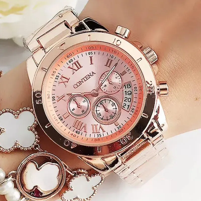 CONTENA Women Top Brand Quartz Watch Rose Gold Classic Female Elegant Clock Watches Luxury Gift Ladies Calendar Wristwatch Clock