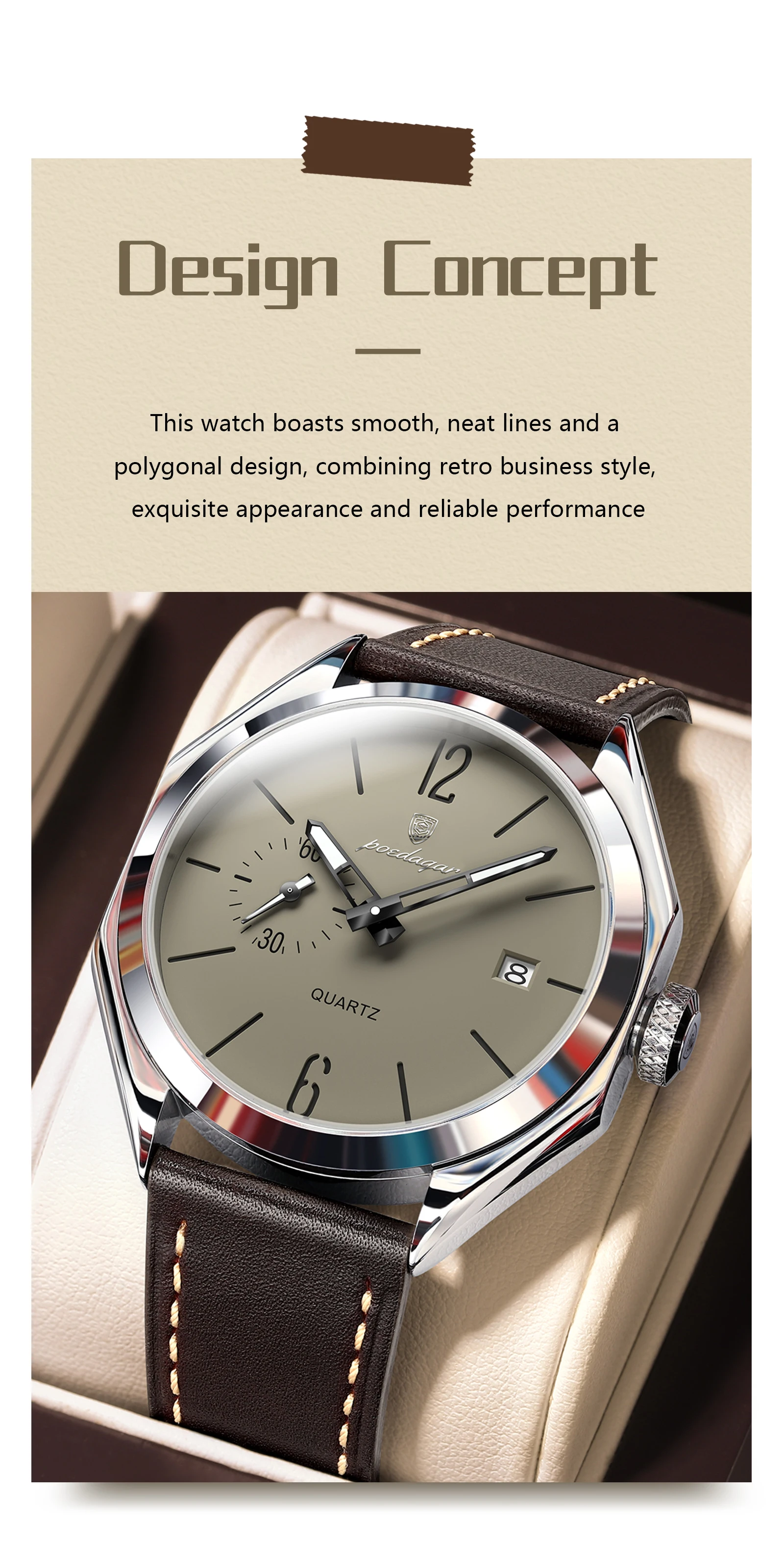 POEDAGAR Top-Mode Herrenuhr, Business, wasserdicht, leuchtend, Lederarmbanduhr, Datum, hochwertige Quarzuhr, Herrenuhr, Reloj – Detail 3