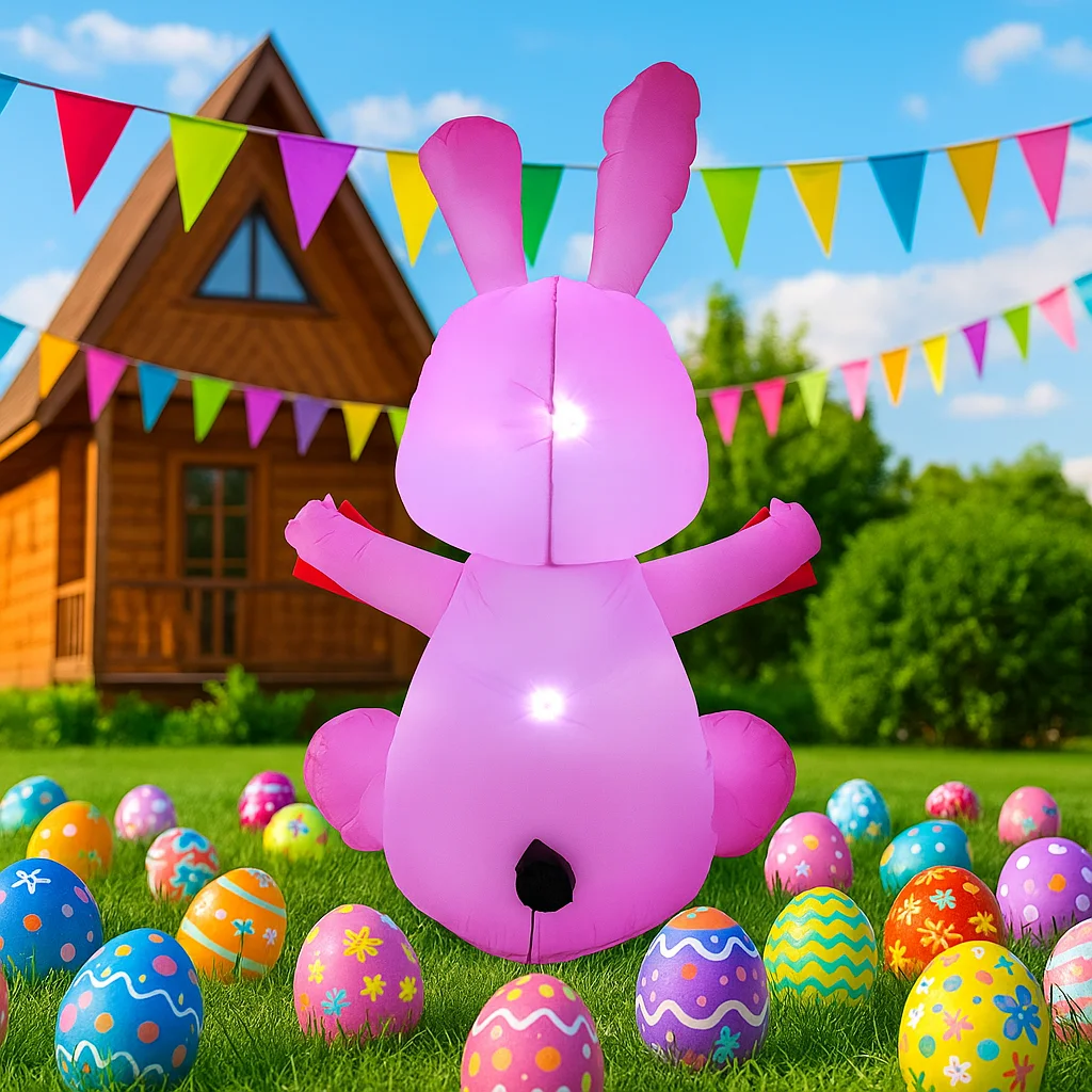 1.5M/5FT 부활절 야외 휴일 장식용 인플레이터블 핑크 토끼 배너 귀여운 토끼 모델 LED 라이트 홈 데코