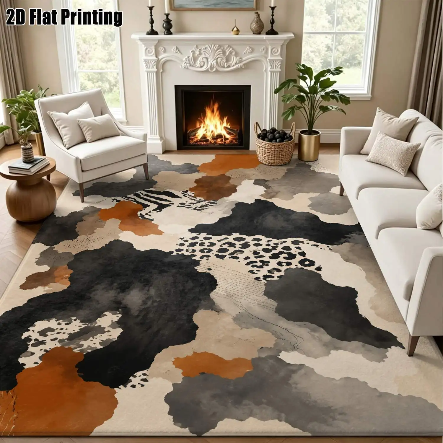 1Pc 2D Printed Carpet: Black Brown Gray Abstract Animal Patterns, Nordic/Instagram/Modern Minimalist/Vintage/Geometric Striped Style, Multi-Size Machine Washable Home Decor Rug for Entrance, Dining, Foyer, Bedroom, Living Room