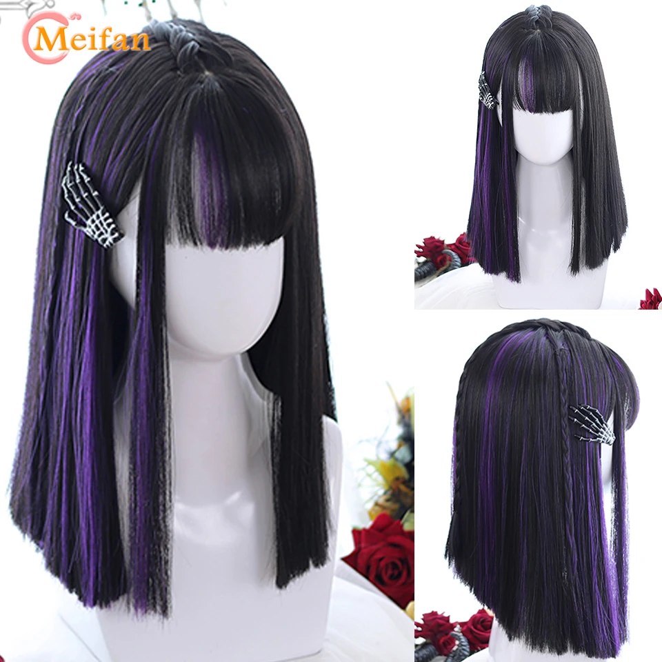 Meifan synthetisch grün schwarz lila mittellange Perücke gerade Lolita Perücken Cosplay Perücken hitze beständiges Haar Anime Party Haar