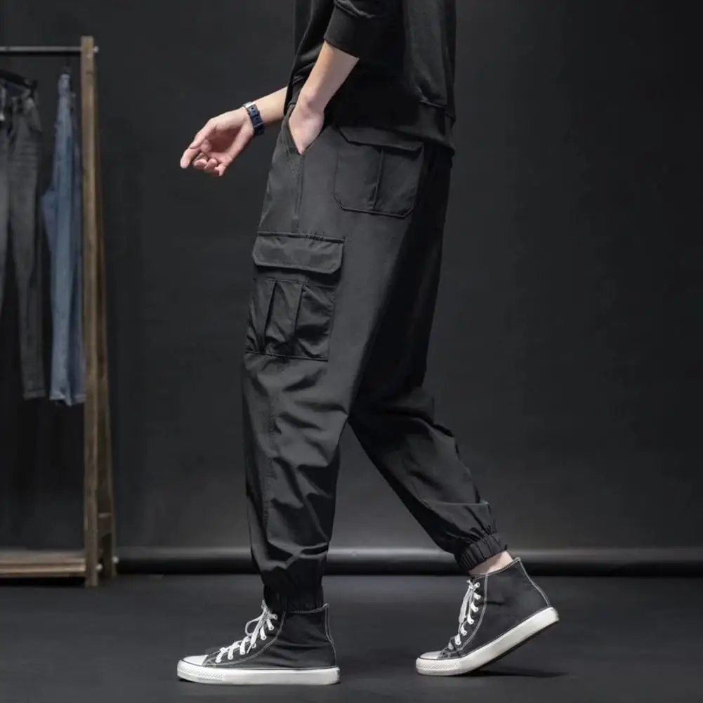 Men Casual Trousers Reinforced Pocket Seams Men's Loose Fit Cargo Pants with Ankle-banded Drawstring Waist Solid for Fitness