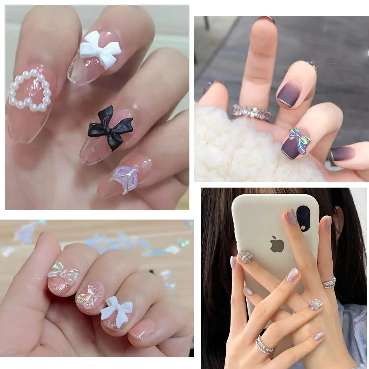 100 Pcs 3D Mix Styles Nail Art Decorations Kawaii Aurora Bow Nail Charms Jewelry Luxury Glitter Nail Supplies for Professionals