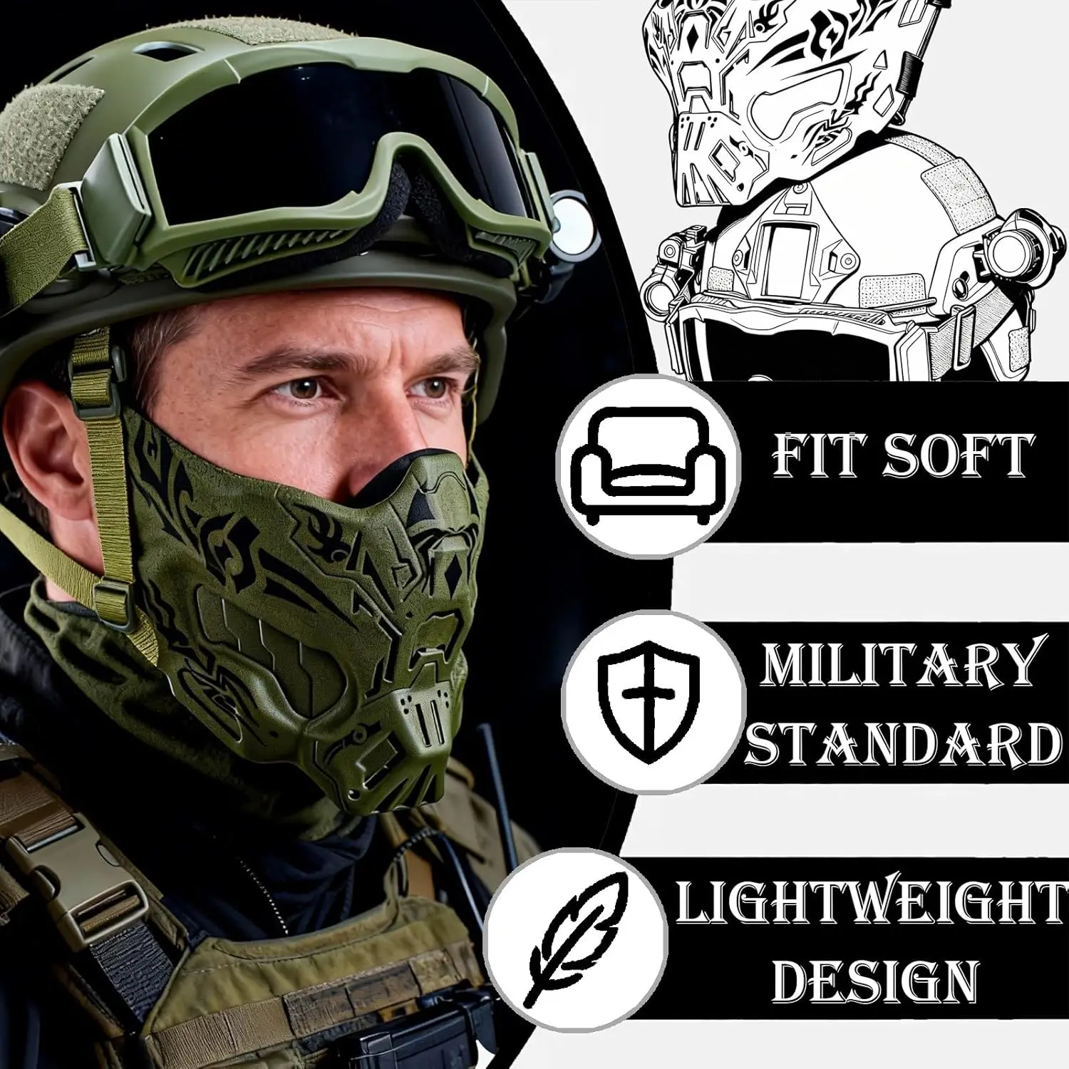 Tactical Helmet Set Military MICH 2000 Airsoft Bump Helmet with Camcorder Mask Flashlight for Paintball Outdoor Field Cosplay