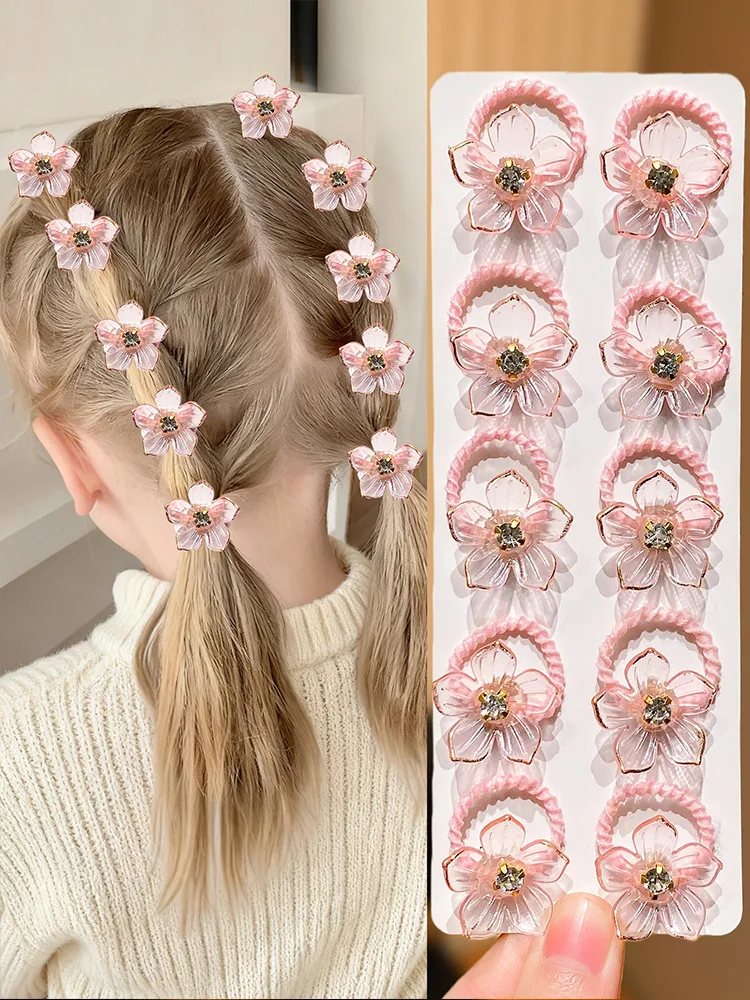 10 stuks meisjes elastische haarbanden met strass en bloemdecoraties hoge elasticiteit duurzame haarbanden voor buitenshuis en vlechtbaarheid - afbeelding 2