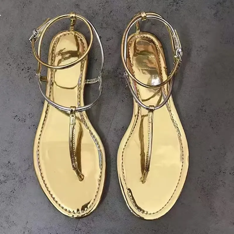 TRAF 2024 Female Gold Ankle Straps Flat Sandals Summer Round Head Open Toe Flat Shoes Women Sexy Beach Roman Sandal New