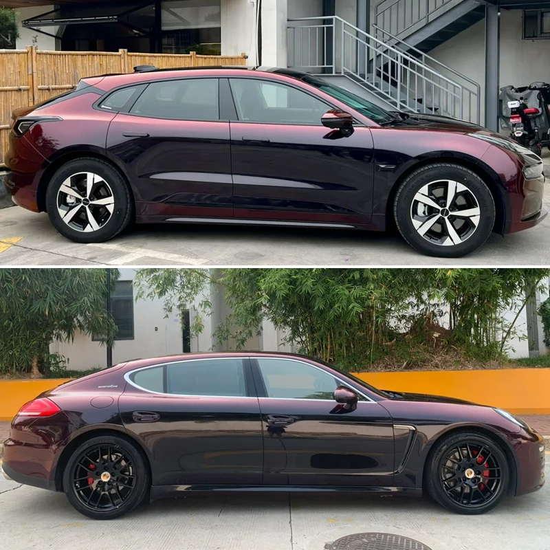 1.52x18m PET Gloss Black Red Gradient Car Wrap Vinyl Color Change Self Adhesive Bubble Free Air Release Film