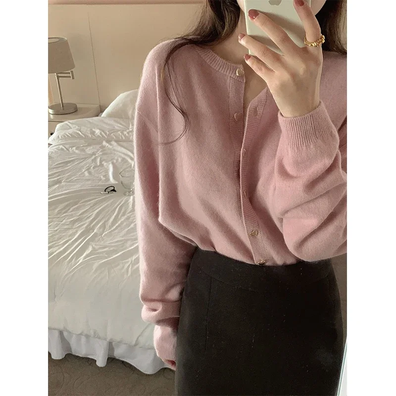 Sweet Knitted Cardigan Women Cropped Black Heart Button Sweater Coat Korean Fashion Solid Knitwears Winter Casual Jumpers Tops