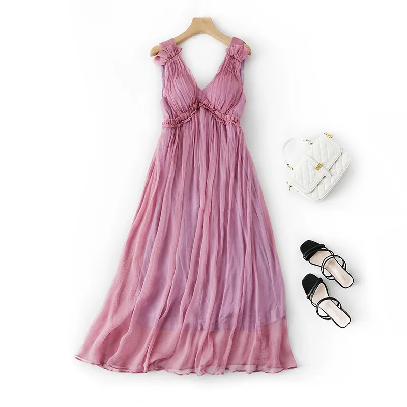 

Mulberry Silk Strapless Beach Dress for Women, Elegant Boho Dress, Solid, 2023 Summer, 68001