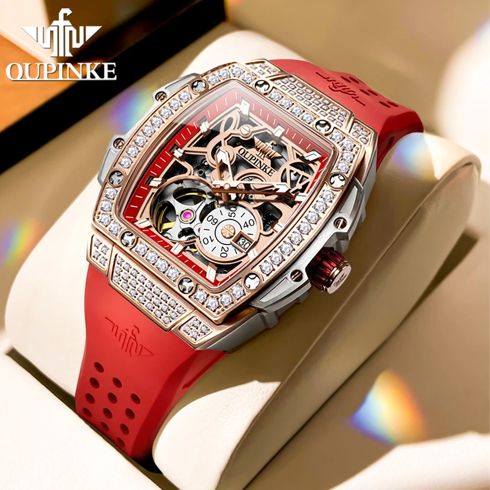 OUPINKE Ladies Mechanical Watch Automatic Skeleton Red Strap Fashion Diamond Crystal Evening Banquet Dress Watches for Women