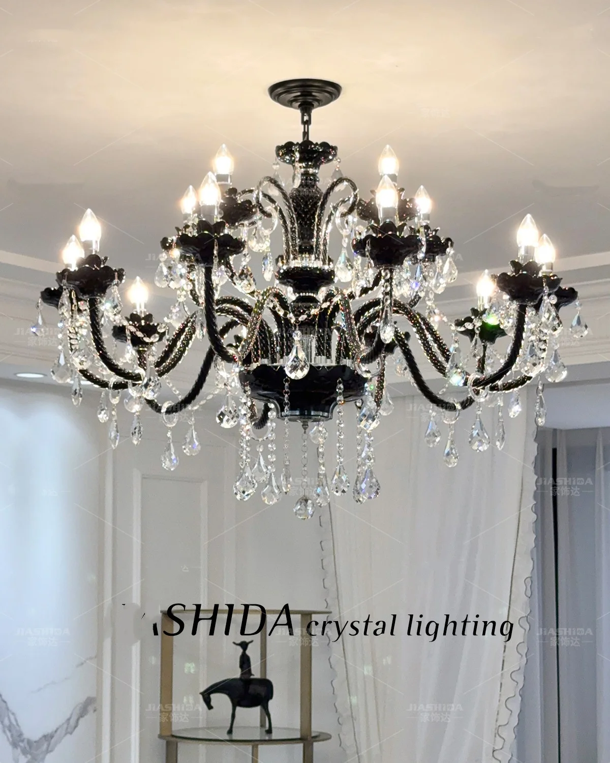 French Black Glass Chandelier Living Room Candle E14 Pendant
