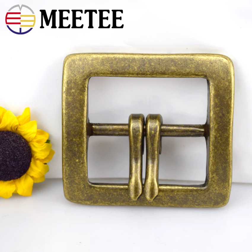 Meetee 40mm Retro Pure Copper Brass Belt Buckle for Men Women Double Pin Buckles DIY Sewing Belts Jeans Adjust LeatherCrafts