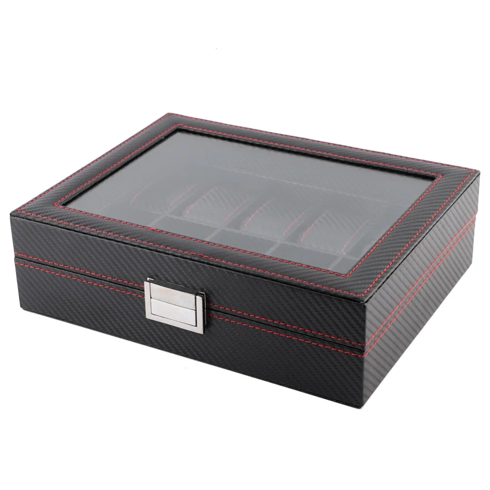 Carbon Fiber Texture Watch Box Leather Material Twill Pattern Watch Display Case Red Stitching Collection Box Daily Storage