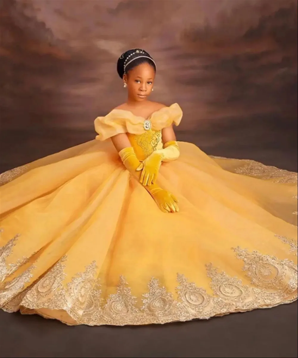 

Customized Flower Girl Dress For Wedding Appliques Lace Off The Shoulder Elegant Princess Birthday Party First Communion Gown