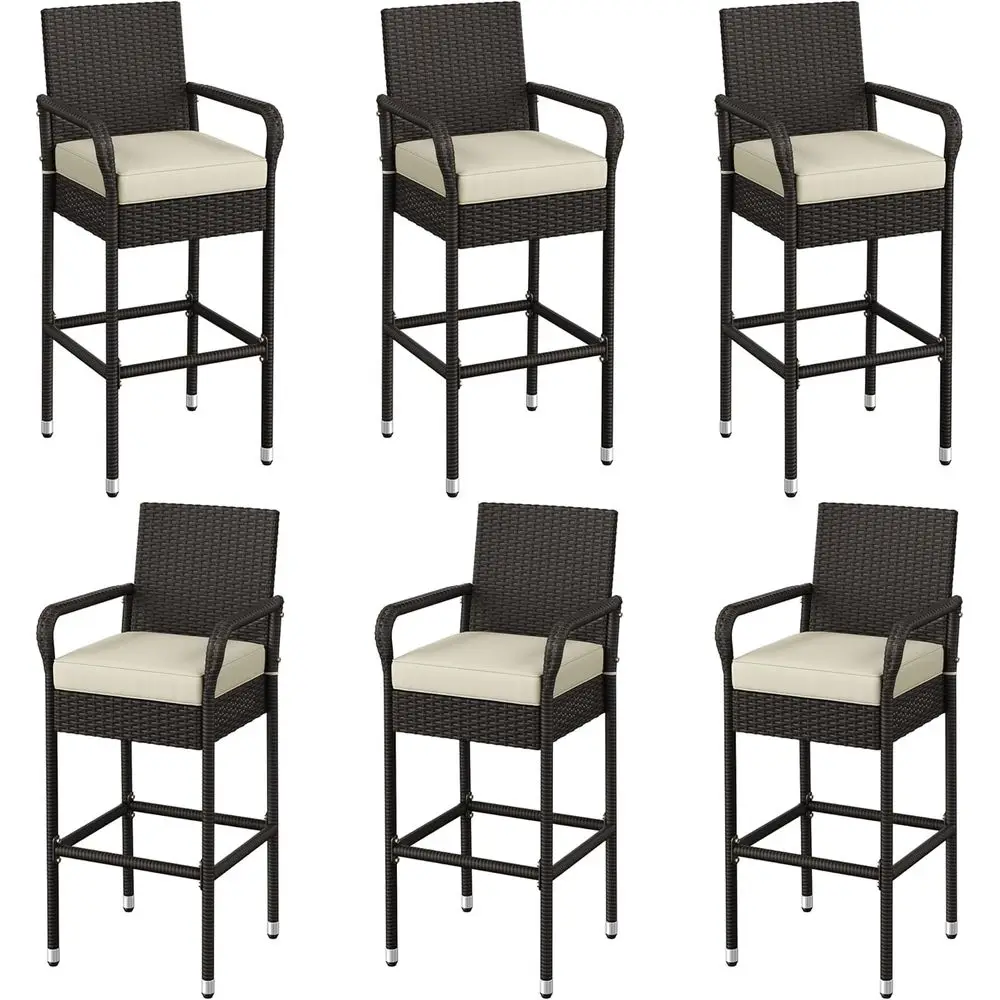 

Set of 6 Outdoor Wicker Bar Stools with Cushions, Armrests, for Patio, Garden, or Balcony, Brown/Beige