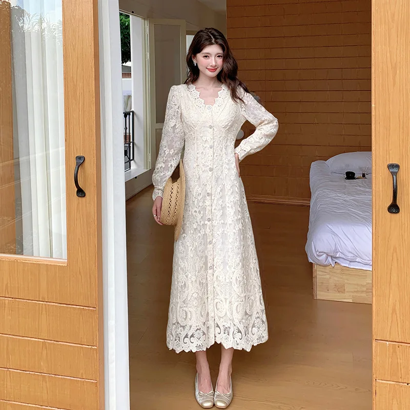 

French Style Long Sleeve Dress Dresses for Women Spring Summer Floral Elegant Flowy Maxi Dress Slim Fit