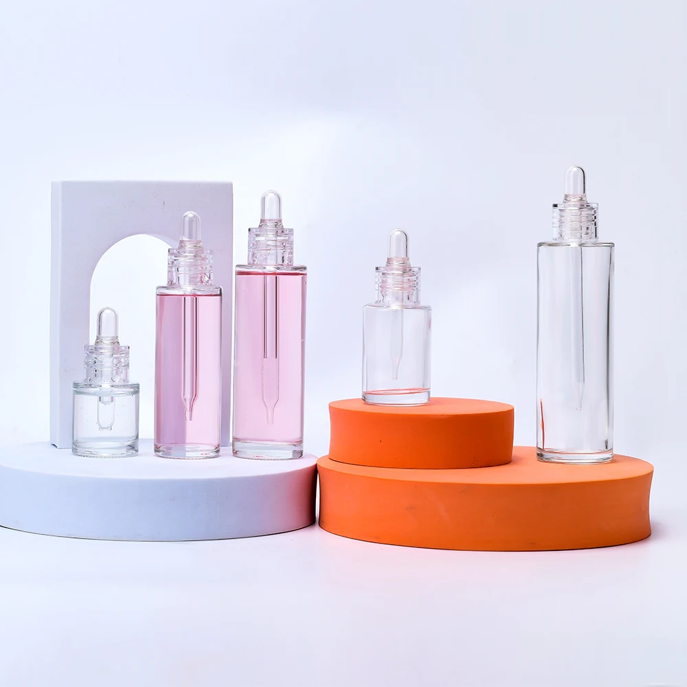 

Cosmetic 20ml 30ml 50ml 100ml Flat square Serum Essential oil Glass Dropper Bottles with crystal clear collar 40ml 60ml 80ml 4oz