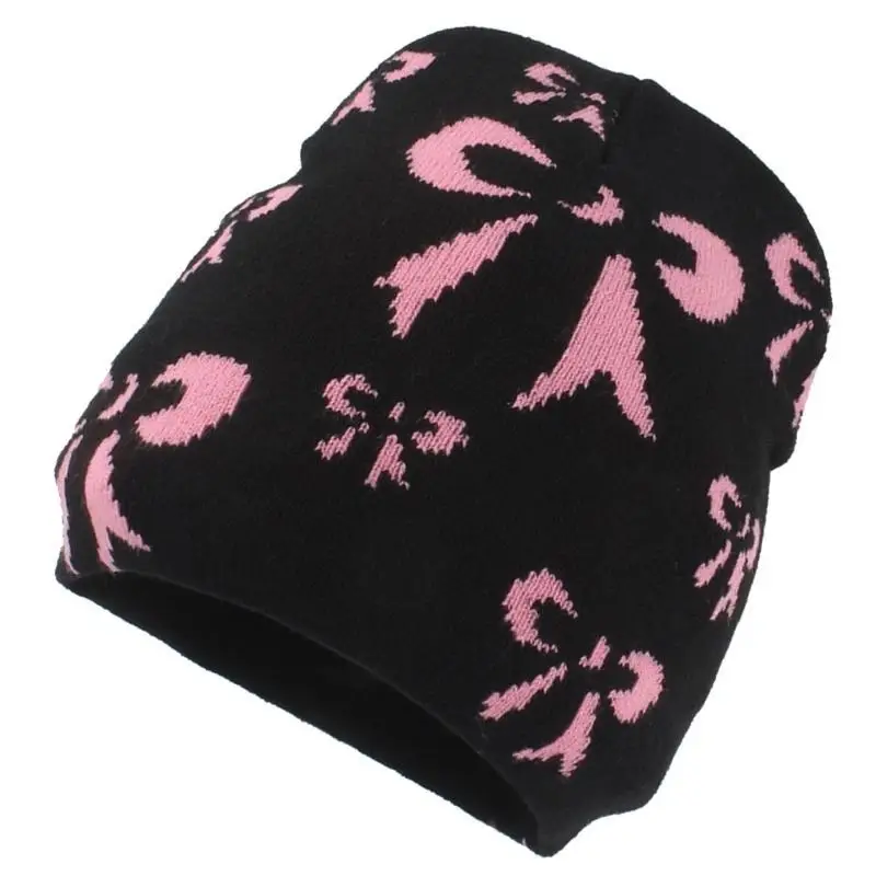 652F Crochet Hat for Men Women Jacquard Bowknot Hat Lovely Skull Hat 2000s Pullover Hat for Outdoor Activity Skiing