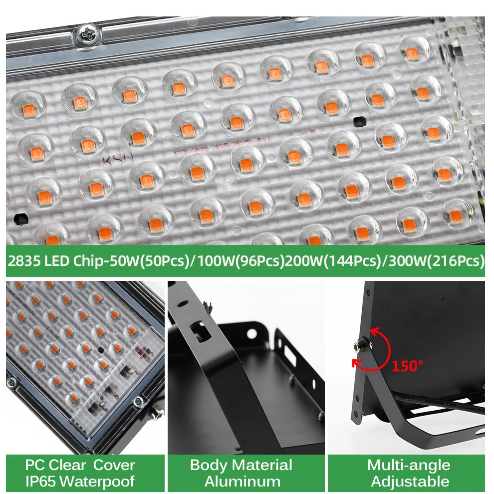 Full Spectrum LED Grow Light Phyto Lamp AC 220V 50W 100W 200W 300W With EU Plug For Greenhouse Hydroponic Plant Growth Lighting