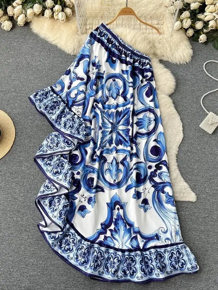 Summer Long Dress Women Runway Blue And White Porcelain Asymmetry Sexy Off The Shoulder Ruffles Hem Loose Robe Maxi Vestidos