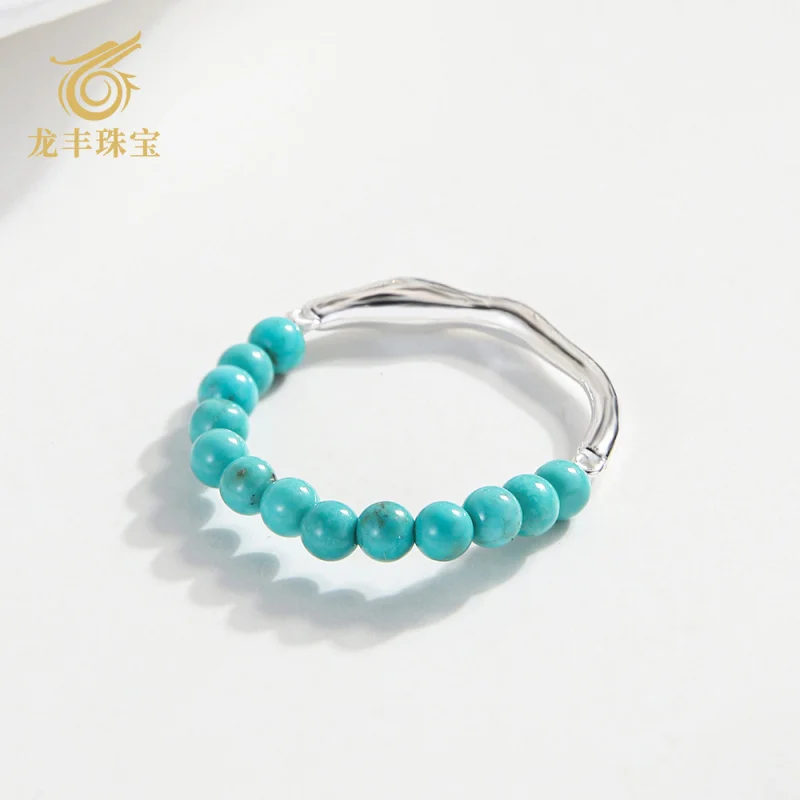 

Natural Turquoise Round Bead Women's S925 Silver Live Mouth Ring