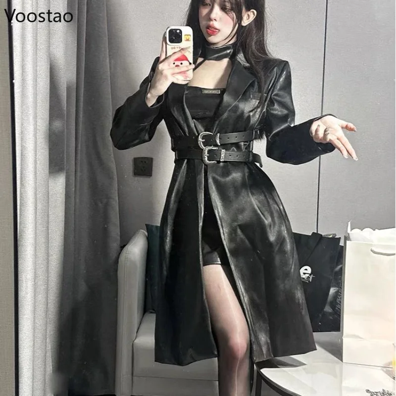 

Fashion Sexy PU Leather Black Mini Dresses Set Women Casual Moto Biker Long Coat Y2k Slim Dress Suit Vintage Elegant 2 Piece Set