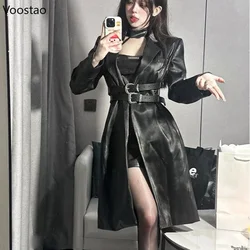 Fashion Sexy PU Leather Black Mini Dresses Set Women Casual Moto Biker Long Coat Y2k Slim Dress Suit Vintage Elegant 2 Piece Set