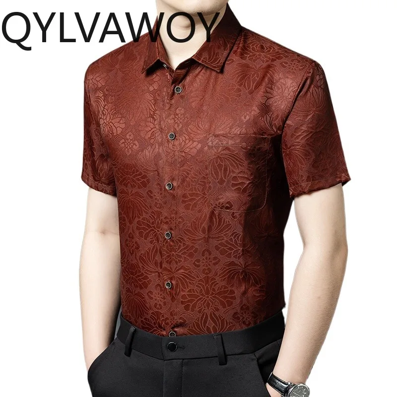 

QYLVAWOY 100% Mulberry Silk Summer Tops Men's Shirts Short Sleeve Man Shirt Printed New Shirts for Man Menswear Clothing Luxury
