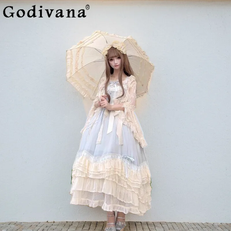 

Milky Blue Elegant Lolita Dress Female Japanese Style Sweet JSK Lace Princess Dress Women's Bow Fairy Puffy Lolita Dress