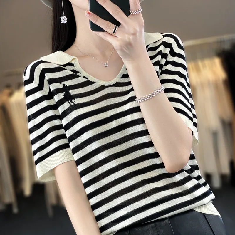 New Embroidery Loose Short Sleeve Striped T-shirt Summer Women\'s Fashion Short Sleeve Top