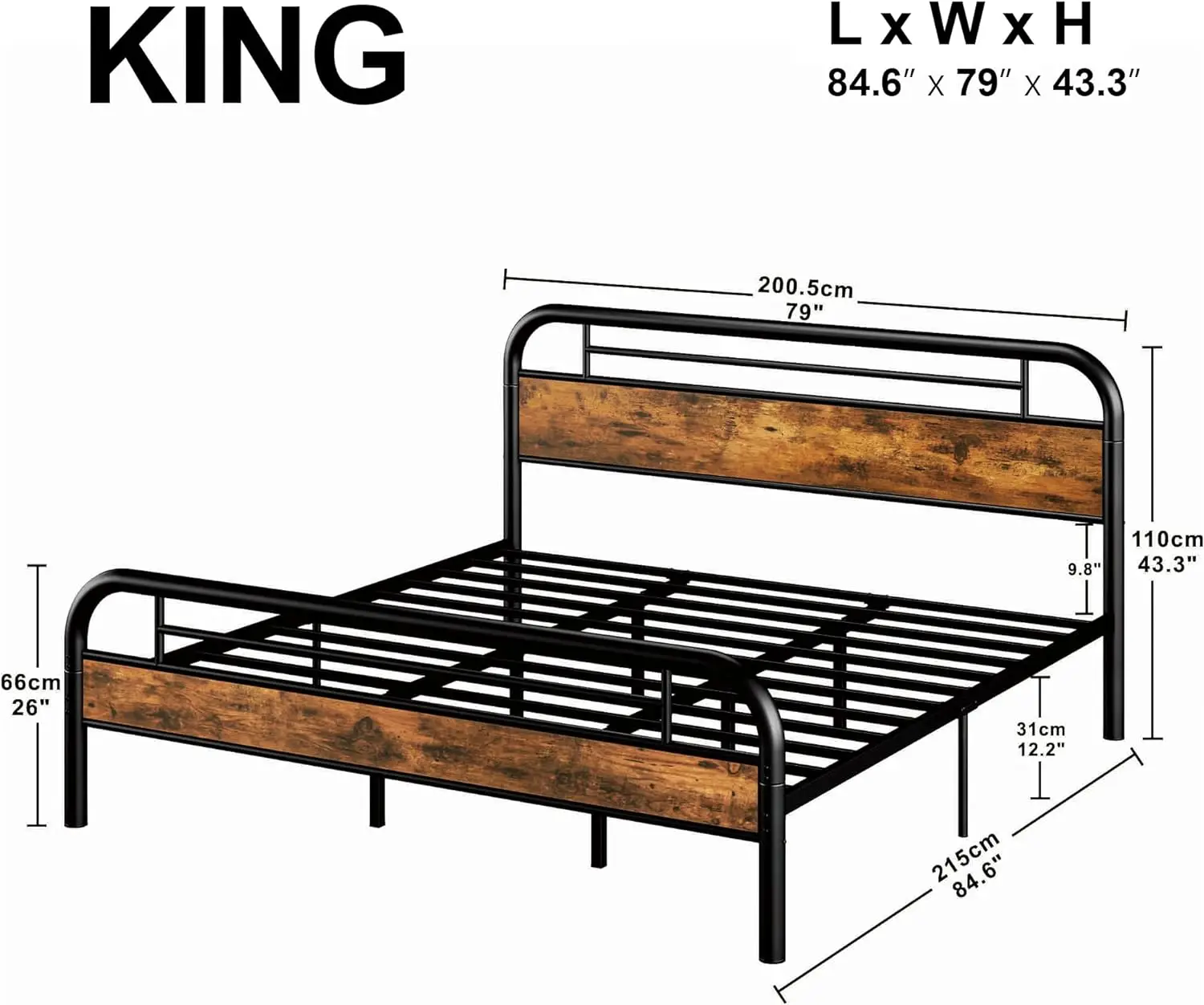 Estrutura de cama de plataforma King com cabeceira e forte suporte, fácil de montar, sem ruído, sem caixa, mola necessária