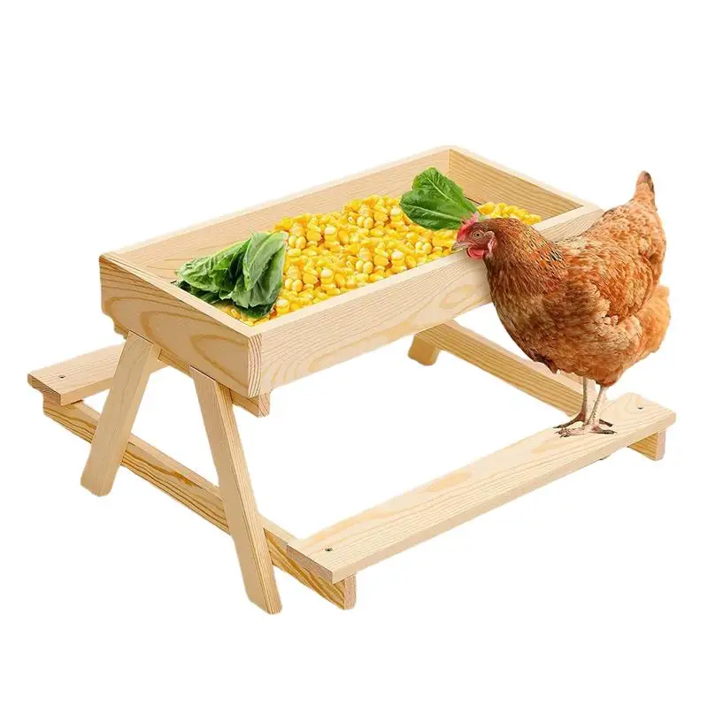 

Chicken Picnic Table Squirrel Wild Bird Feeder Wooden Mesh Bottom Stand Keeps Food Fresh Dry For Poultry Turkey Duck Flock