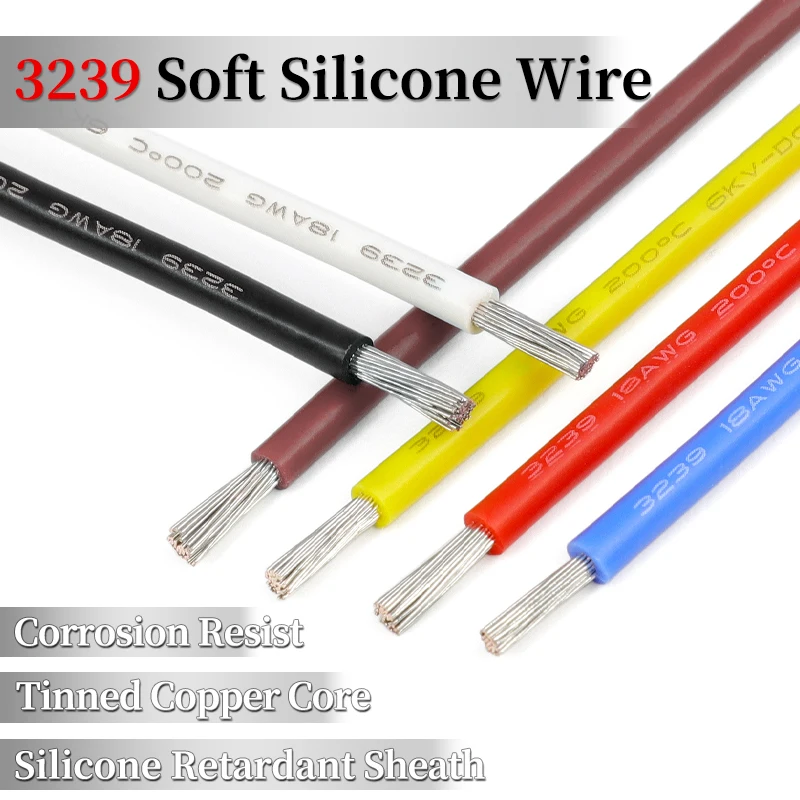 2/5M 3239 Soft Silicone Rubber Electronic Wire 3KV 30/28/26/24/22/20/18/16/14/12/10/8AWG Insulated Tinned Copper DIY LED Cable