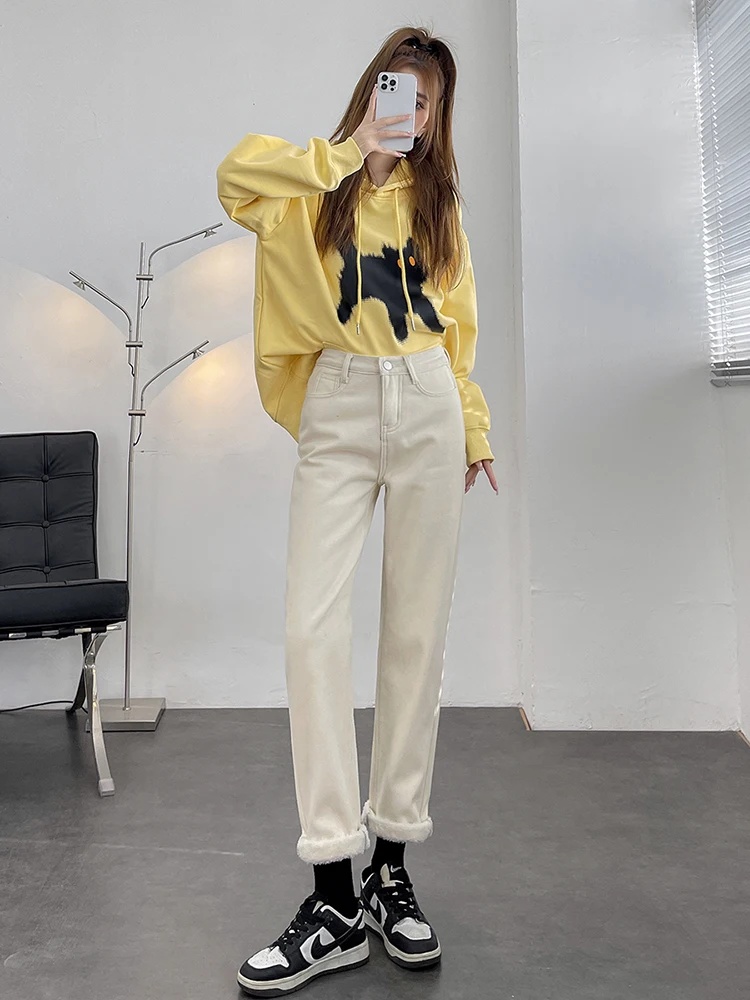 

High Waist Elastic Waist Harem Denim Jeans Women's Autumn Winter New Thickened Fleece Slimming Shorter Dad's Cabbage Pants
