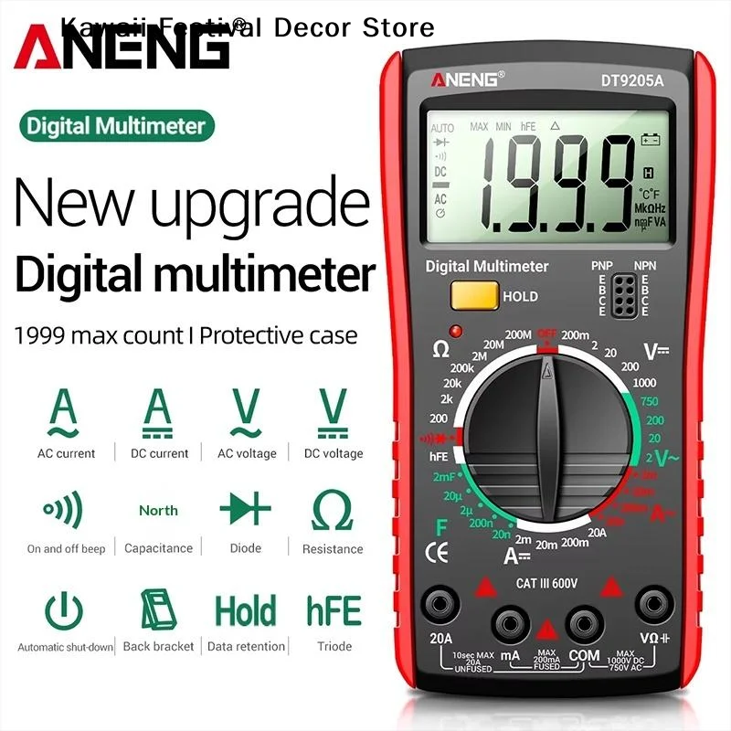 【K】DT9205A Digital Multimeter True RMS Professional DC Current Electrical Tester Capacitor Voltage Meter Detector Tools
