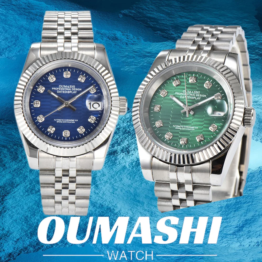 36mm/39mm Men Watches NH35 Automatic Movement Silver Case White Dial Blue AR Sapphire Glass Date Stainless Steel Strap DIY LOGO