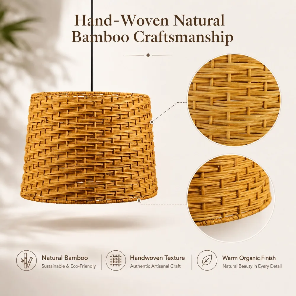JOYINLED Rustic Farmhouse Wicker Hanging Lamp Boho Rattan Chandelier, 40cm Handwoven Bamboo Pendant Light Ceiling Fixture Home