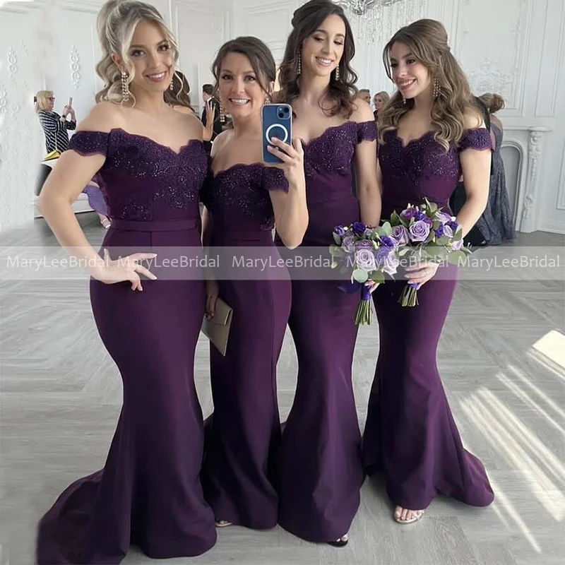 

Dark Purple Mermaid Bridesmaid Dresses Off the Shoulder Sequins Lace Applique Wedding Party Gowns Bride Maids Reception Dress