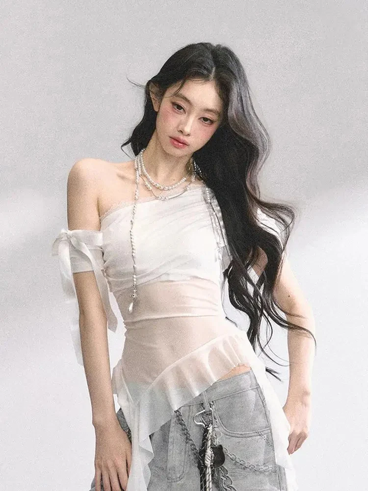 

Sexy Off Shoulder Mesh T-shirts Women Y2k Aesthetic Sheer Slim Fit Spicy Girl Irregular Ruffle Tops Sweet Ropa Mujer