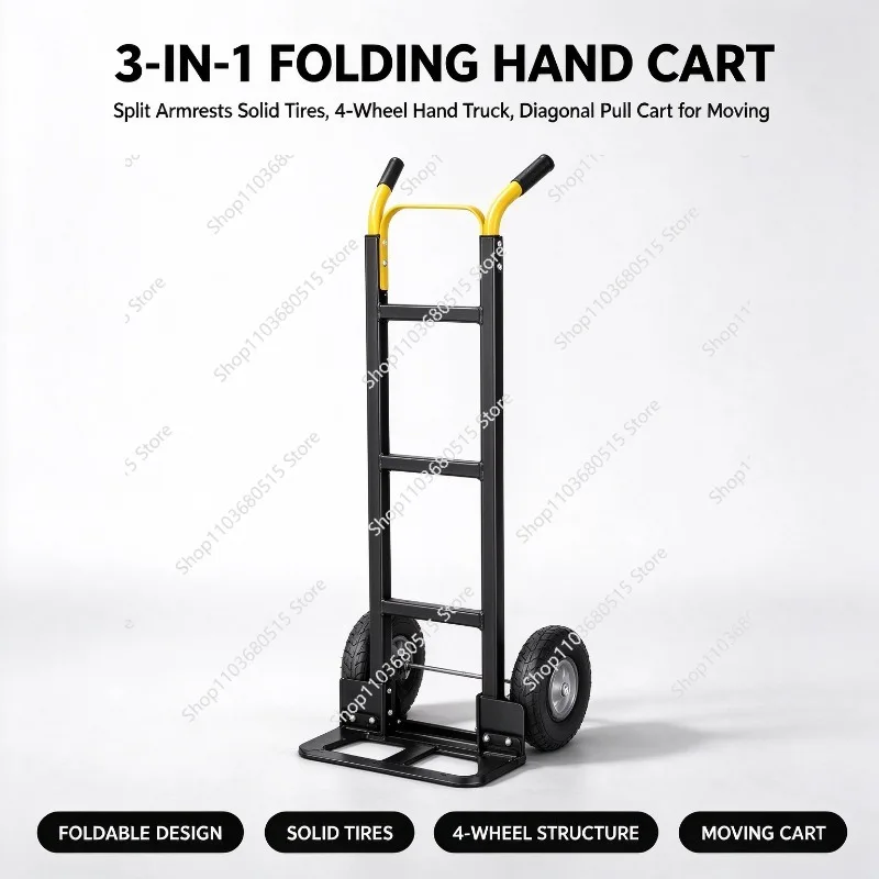 3-in-1 Folding Heavy Duty Hand Cart 4 Wheel Trolley Solid Tires 250KG Load