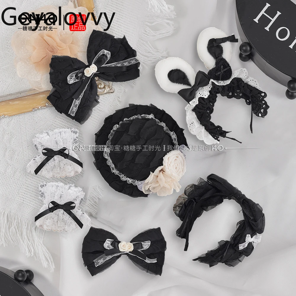 Original Handmade Japanese Lolita Headwear Sweet Cute Girls Versatile Bowknot Kawaii Black  White Hat Hair Accessories