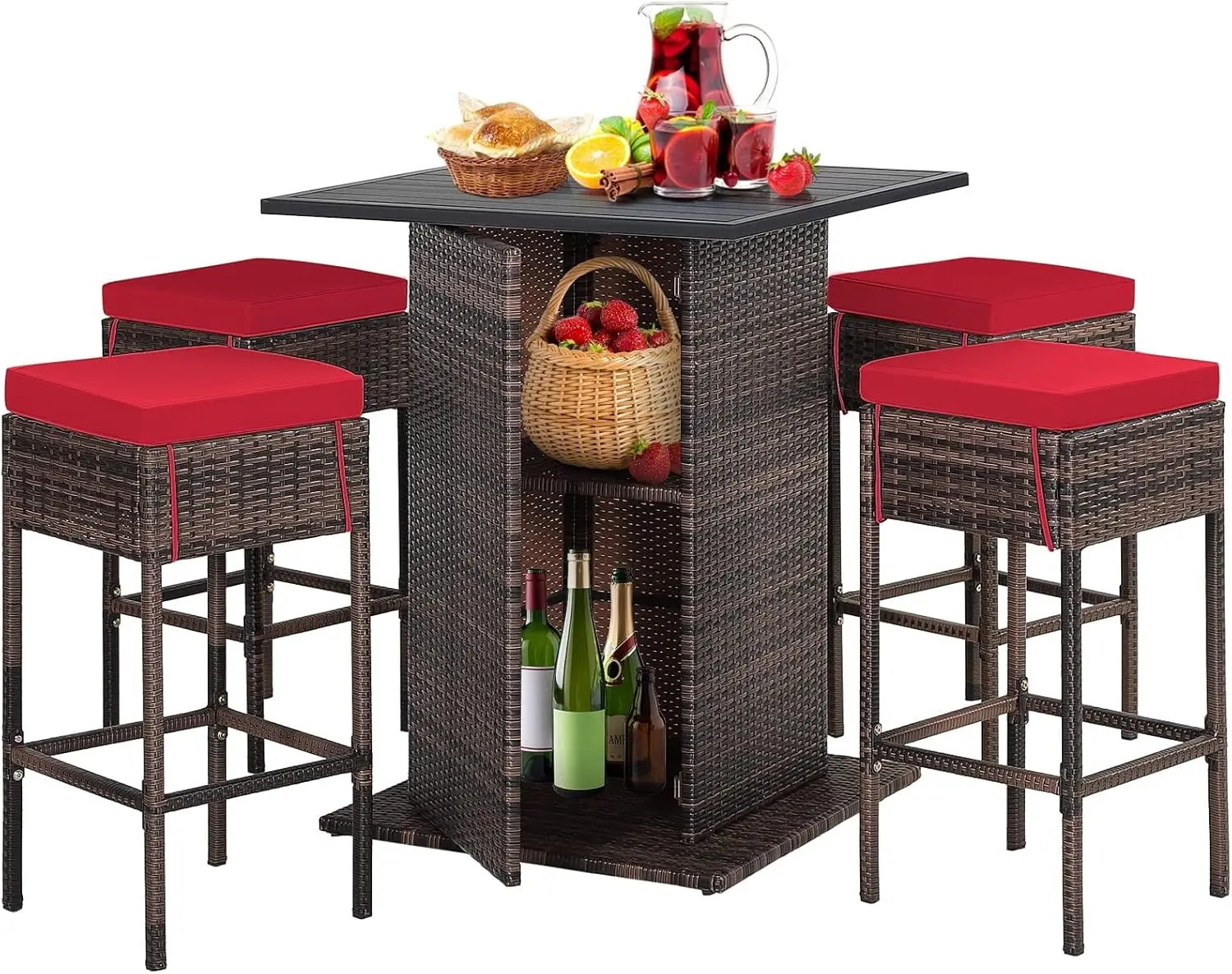 

5PCS Rattan Bar Set, Outdoor Wicker Table and 4 Bar Stools, Heavy-Duty Steel Frame, Patio Furniture Set with Cushions