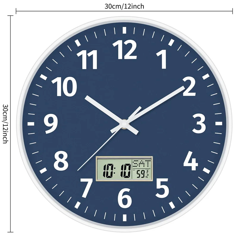 F-F Digital Wall Clock With Time, Day Of Week And Temperature, Silent Non-Ticking Battery Operated Round Digital Wall Clock