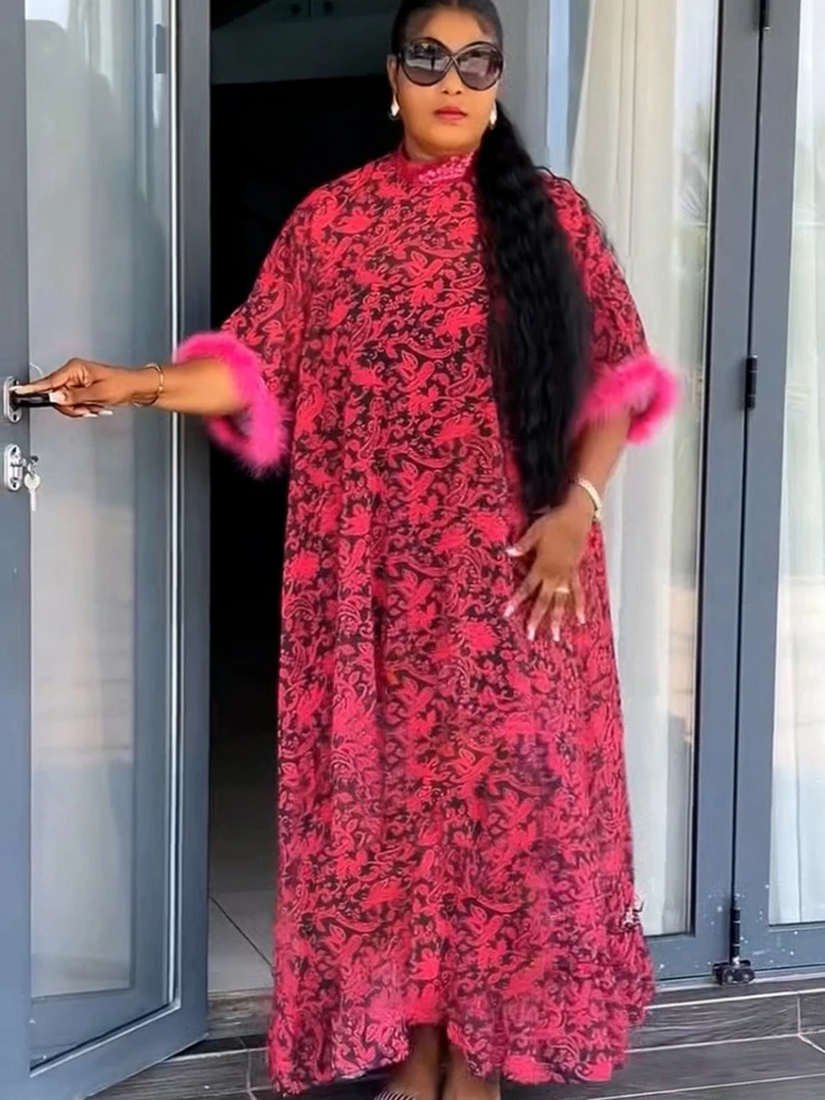 

African Dashiki Plus Size Women Printed Dresses with Half High Batwing Short Sleeves Elegant Casual Wear for Party Daily Outfits
