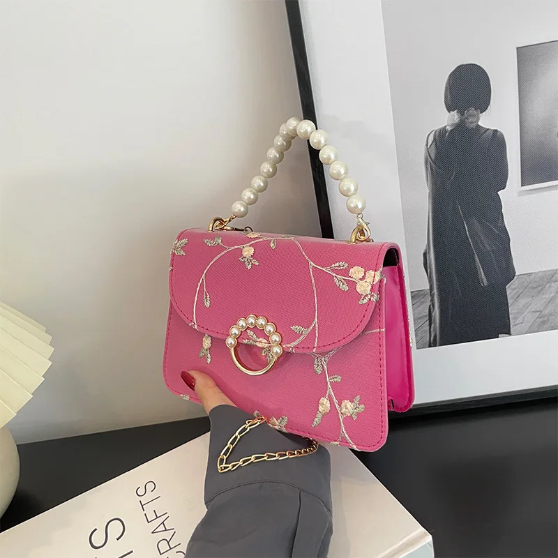 PU Flower Embroidery Shoulder Bags Messenger Vintage Pearl Chain Handbags Female Fashion Flap Crossbody Bags