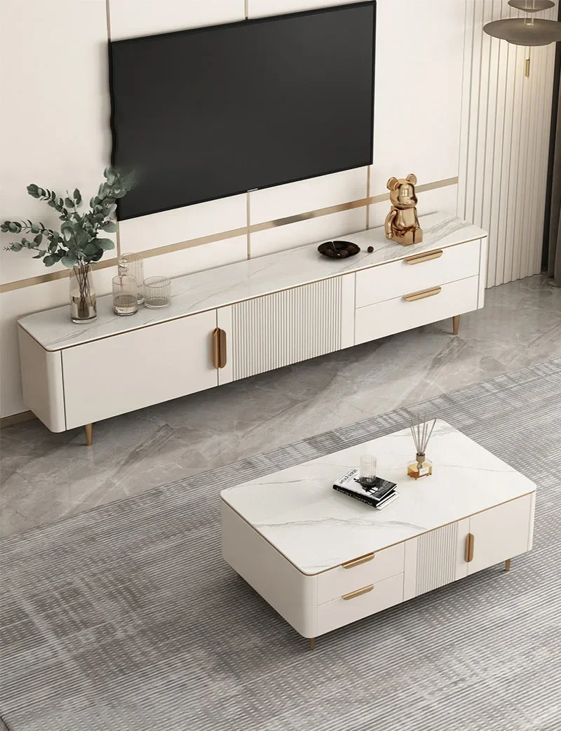 Luxurious bright rock tea table TV cabinet combination Modern simple new living room Fashion small family TV cabinet