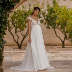 Vestidos de novia bohemios para mujer, vestido de fiesta de boda Simple con cuello en V, Mangas de casquillo de encaje de gasa