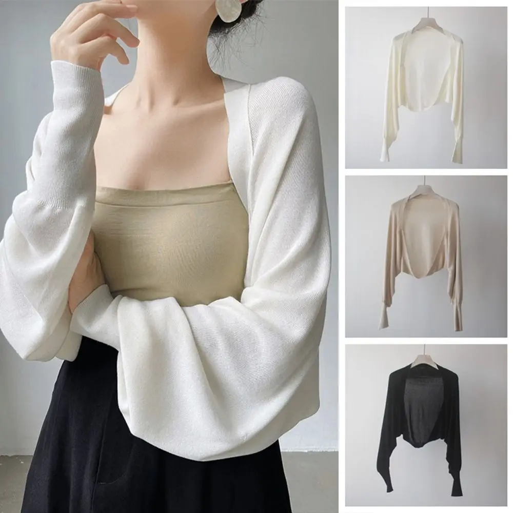 

Elegant Summer Thin Knit Shawl Long Sleeve Wraps Ice Silk Shawl Solid Color Casual Sunscreen Coat Women