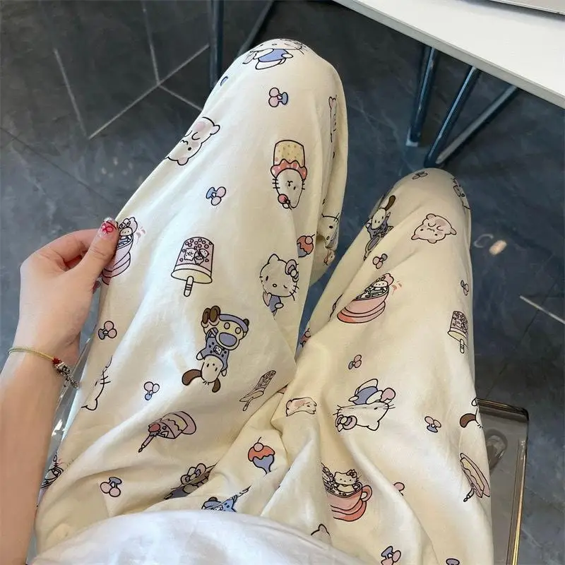 Sanrioed Anime Women\'s Pajama Pants Hello Kittys Kawaii Spring Spring Kt Loose Home Pants High Waist Casual Cotton Cute Trousers